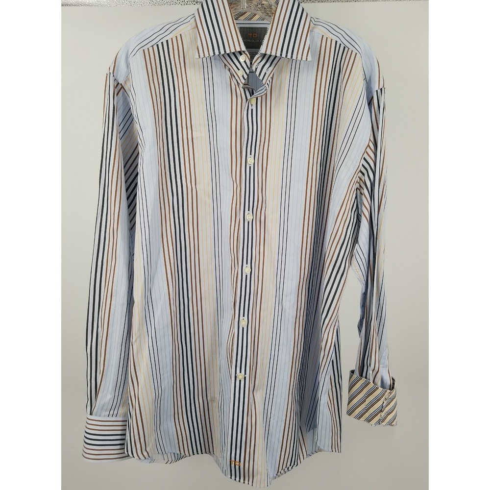 Thomas Dean Flip Cuff Shirt Men's Large Multicolor Striped Long Sleeve Button Up